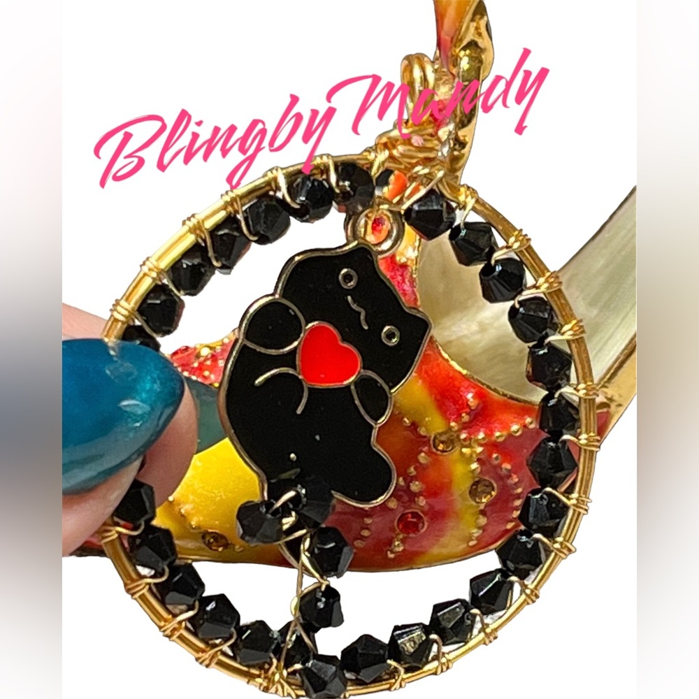 Cute black cat rhinestone and gold pendant